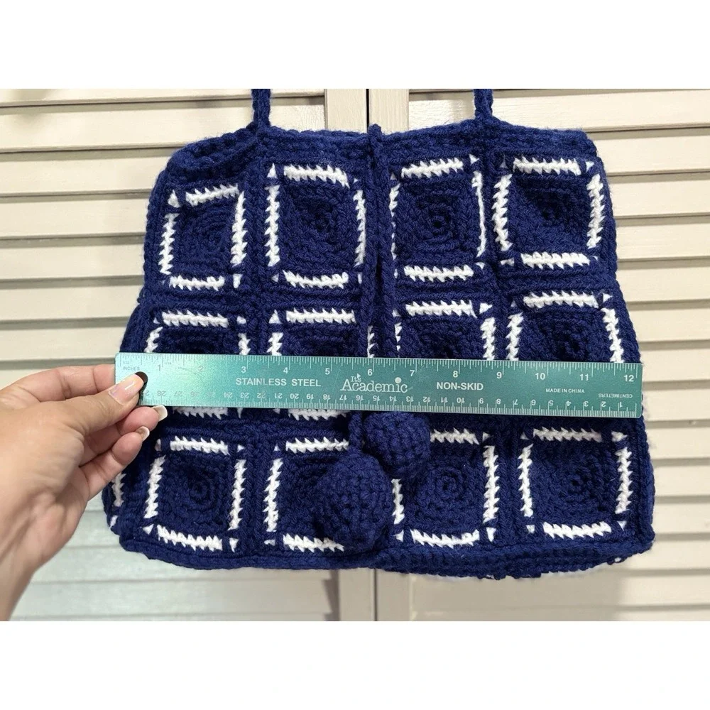 Granny‎ Square Purse Blue/White Handmade Crocheted Medium Size No Lining/pockets